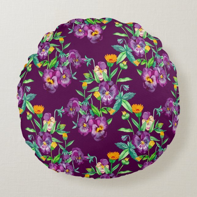 Flowers seamless pattern background. Abstract coll Round Cushion (Front)