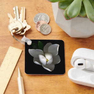 Flowers   Single White Magnolia Blossom Key Ring
