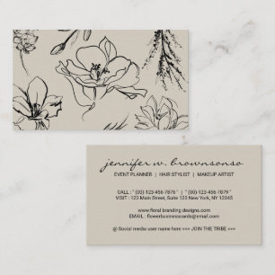 Flowers Sketch Beige Script Signature Classy Business Card