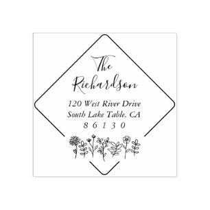 Flowers Sketch Diamond Return Address Self-inking Rubber Stamp