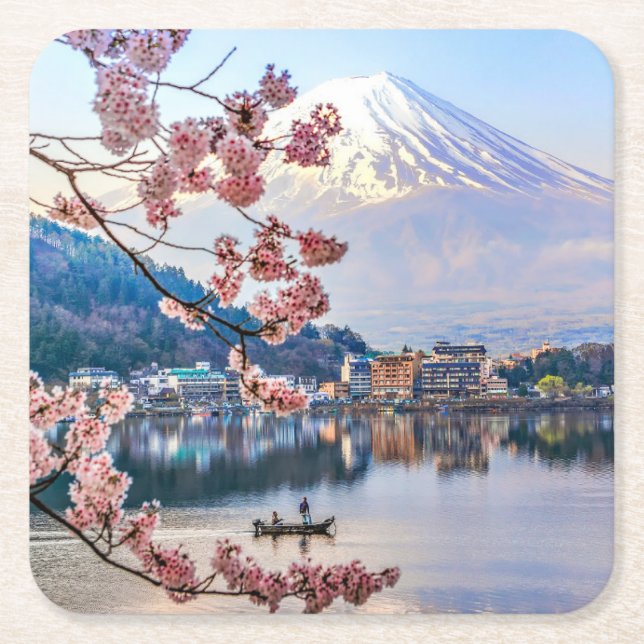 Flowers | Spring Cherry Blossoms Japan Square Paper Coaster (Front)