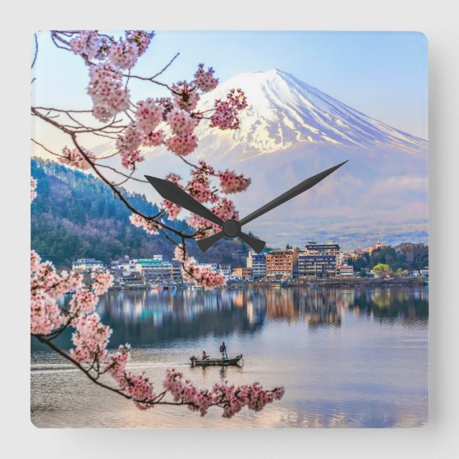 Flowers | Spring Cherry Blossoms Japan Square Wall Clock (Front)