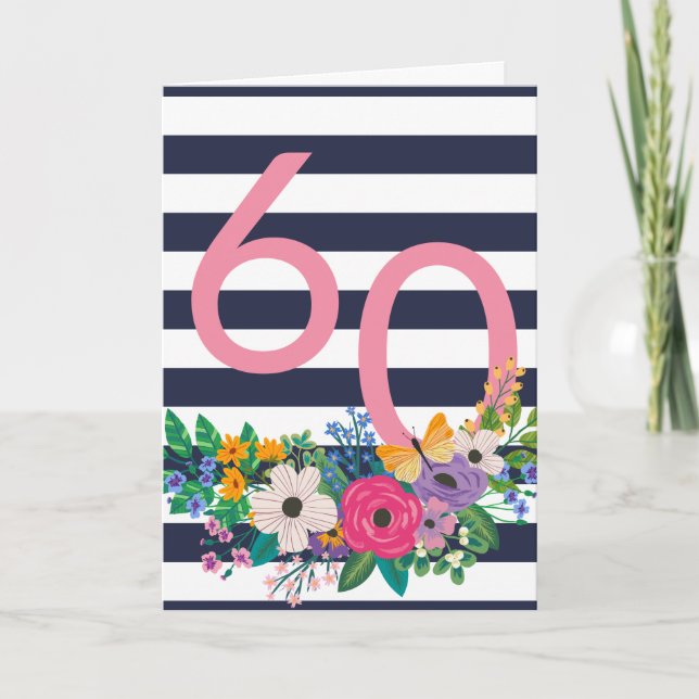 Flowers & Stripes Pink 60 Happy Birthday Card (Front)