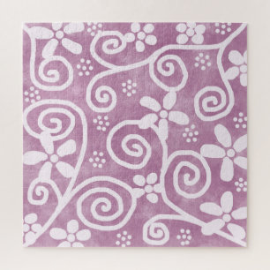 Flowers Swirls Dusty Pink White Pattern Whimsical Jigsaw Puzzle