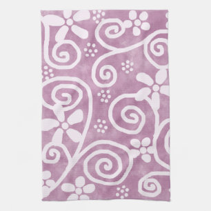 Flowers Swirls Dusty Pink White Pattern Whimsical Tea Towel