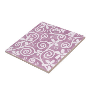 Flowers Swirls Dusty Pink White Pattern Whimsical Tile