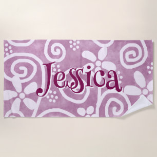 Flowers Swirls Pink White Pattern Personalised Beach Towel