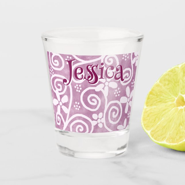 Flowers Swirls Pink White Pattern Personalised Shot Glass (Front)