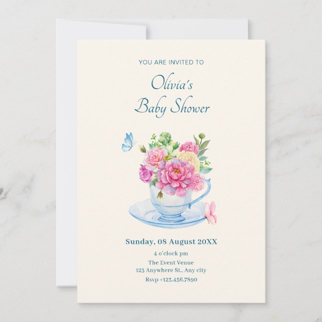 Flowers tea cup baby shower invitation (Front)