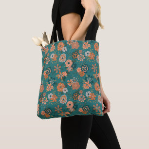 Flowers Teal Orange Botanical Pattern Shopping Tote Bag