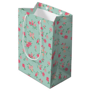 Flowers Teal Pink Dainty Floral Medium Gift Bag