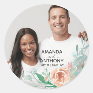 Flowers text and custom photo classic round sticker