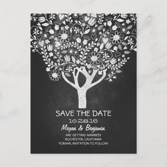 Flowers tree chalkboard save the date announcement postcard (Front)