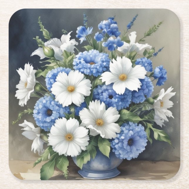 Flowers Vase Elegant Watercolor Square Paper Coaster (Front)