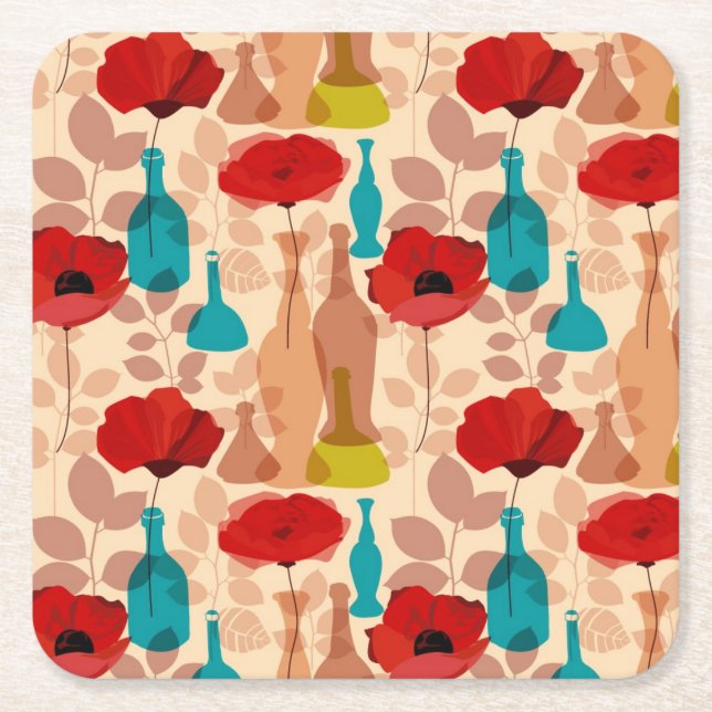 Flowers, vases and bottles pattern square paper coaster (Front)