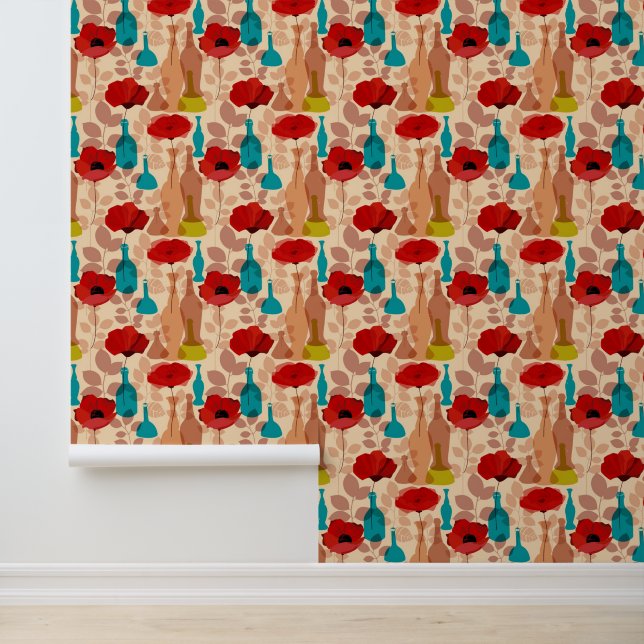 Flowers, vases and bottles pattern wallpaper (Application)
