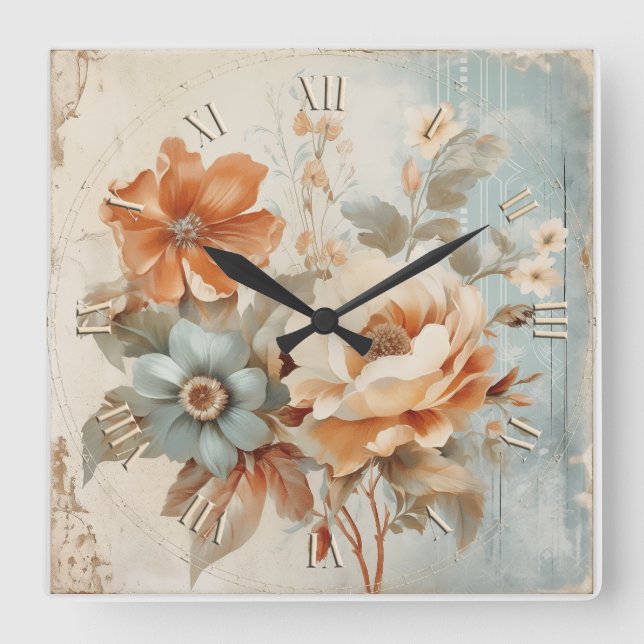 flowers vintage deco square wall clock (Front)