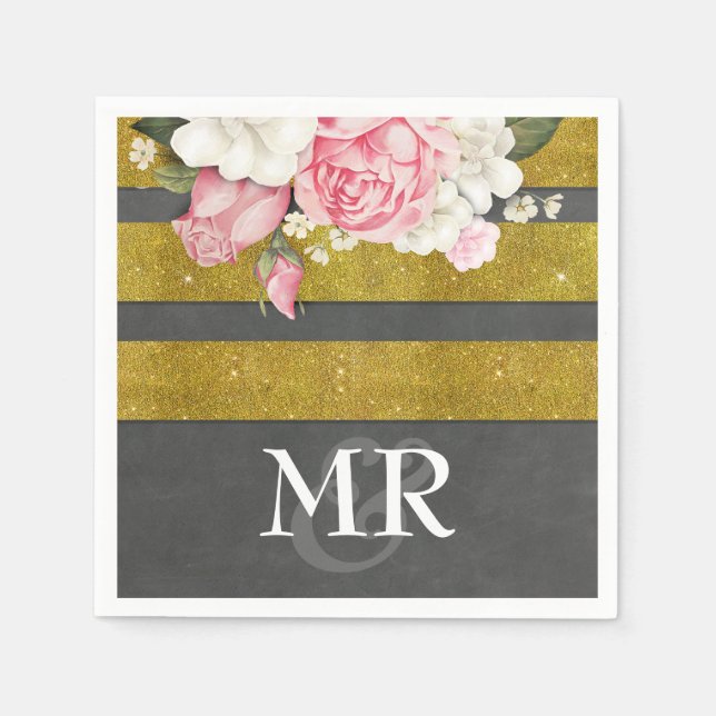 Flowers Vintage Gold Chalkboard Stripes Wedding Napkin (Front)