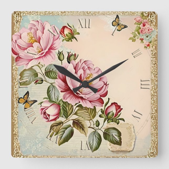 flowers vintage shabby chic square wall clock (Front)