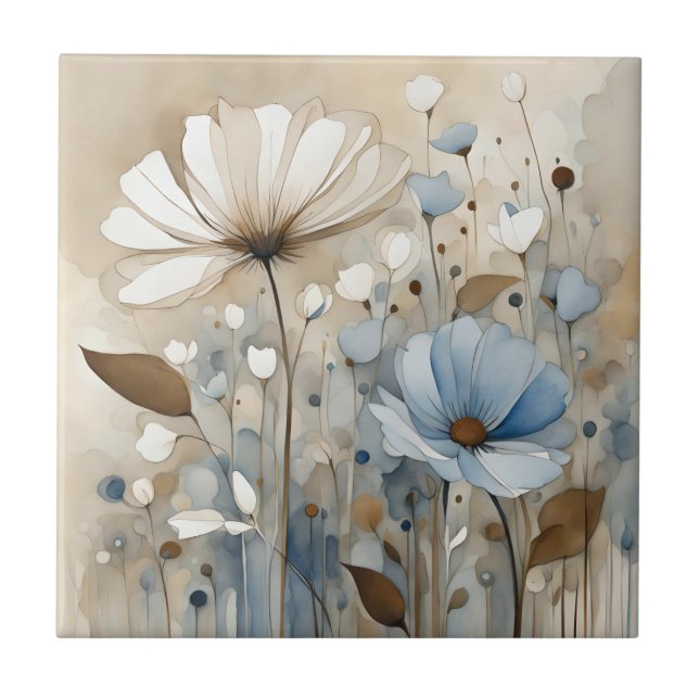 Flowers Watercolor Abstract Beige Grey  Tile (Front)