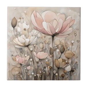 Flowers Watercolor Abstract Beige Pink Tile