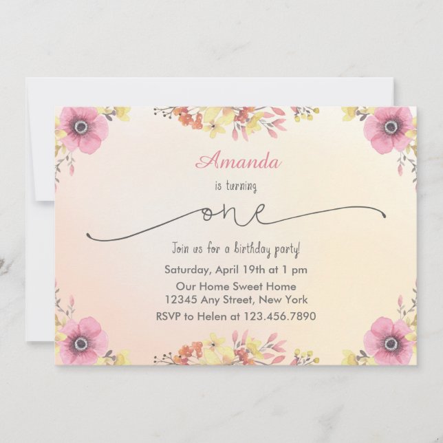 Flowers Watercolor Birthday Invitation (Front)