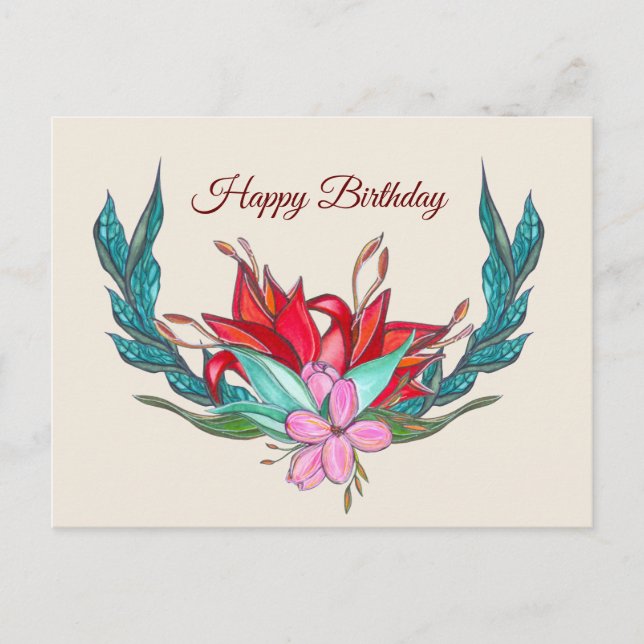 Flowers Watercolor Happy Birthday Drawing Postcard (Front)