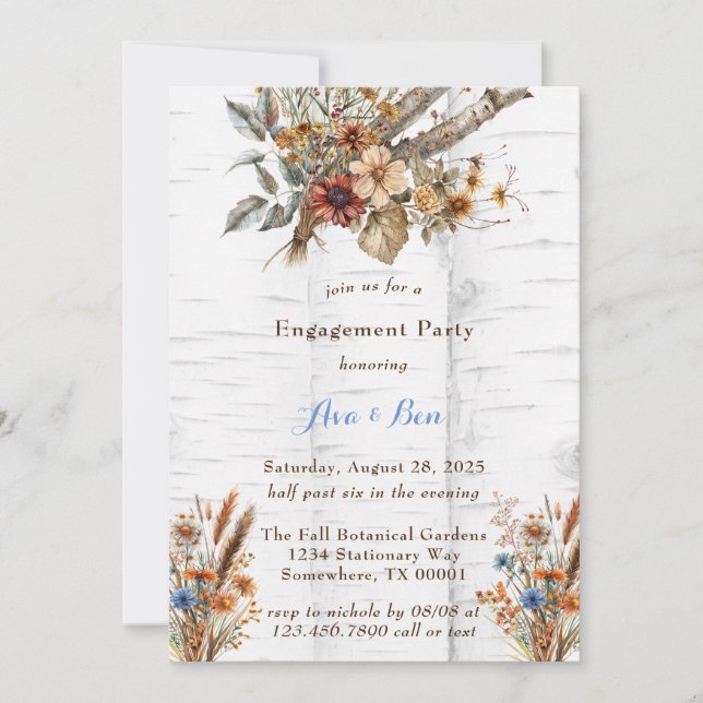Flowers White Birch Tree Engagement Party Invitation (Front)