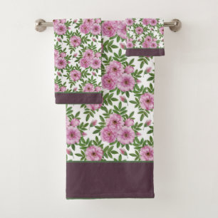 Flowers Wild Rose Foliage Pink Green  Bath Towel Set