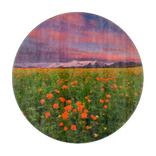 Flowers   Wildflower Field Snowcapped Mountains Cutting Board