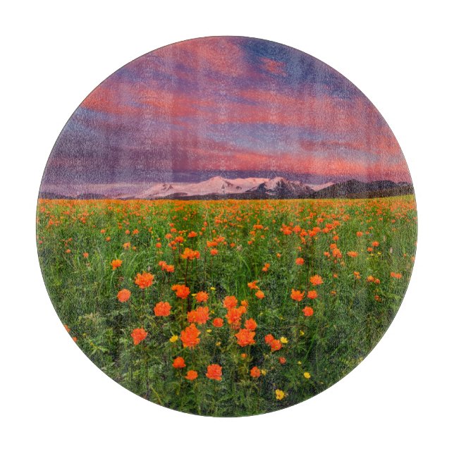 Flowers | Wildflower Field Snowcapped Mountains Cutting Board (Front)