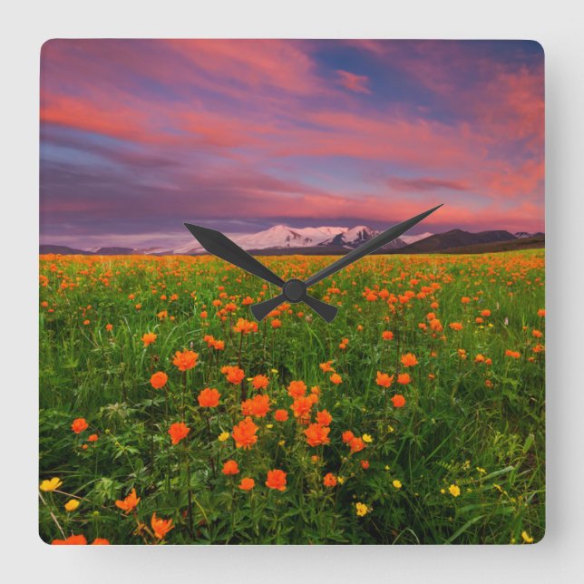 Flowers | Wildflower Field Snowcapped Mountains Square Wall Clock (Front)