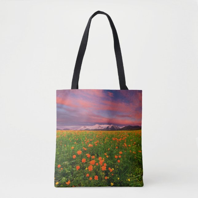 Flowers | Wildflower Field Snowcapped Mountains Tote Bag (Front)