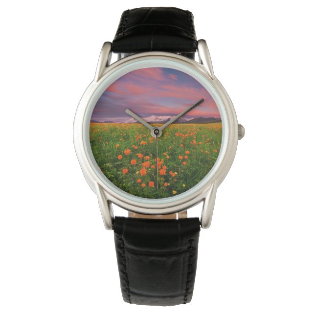 Flowers | Wildflower Field Snowcapped Mountains Watch (Front)