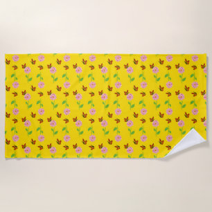 flowers with butterflies on a yellow background beach towel