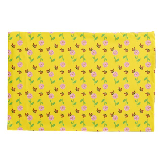  flowers with butterflies on a yellow background pillowcase (Back)