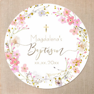 flowers wreath Baptism Classic Round Sticker