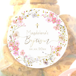 flowers wreath Baptism Classic Round Sticker