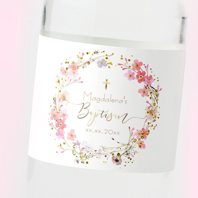  flowers wreath Baptism Water Bottle Label (Creator Uploaded)