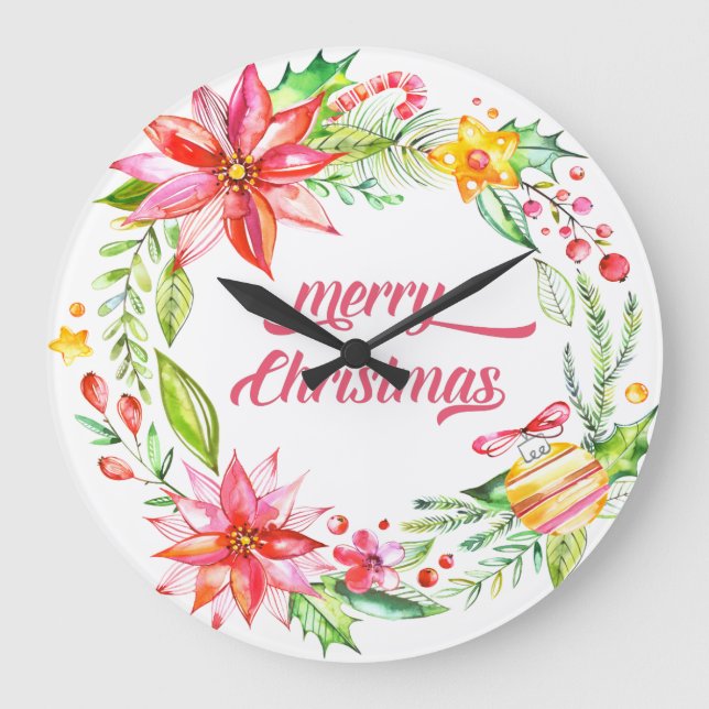 Flowers Wreath Modern Typography Merry Christmas Large Clock (Front)