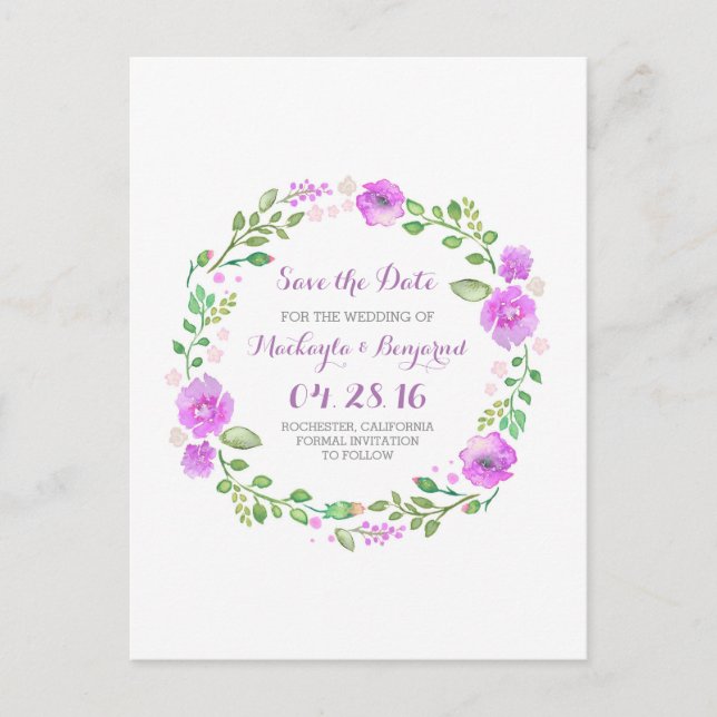 flowers wreath watercolor save the date postcards (Front)