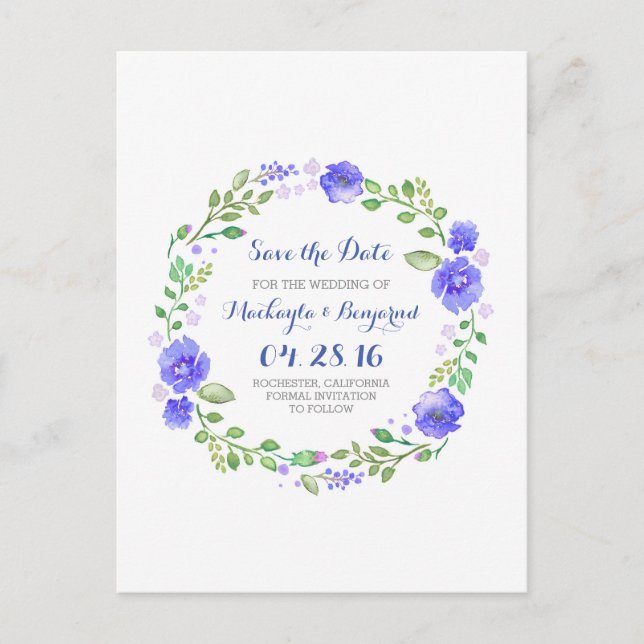 flowers wreath watercolor save the date postcards (Front)
