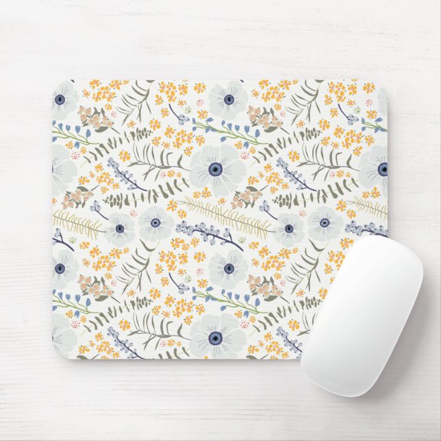 Flowers Yellow Blue Botanical Pattern Mouse Mat (With Mouse)