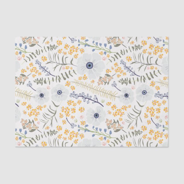 Flowers Yellow Blue Botanical Pattern Tissue Paper (Front)