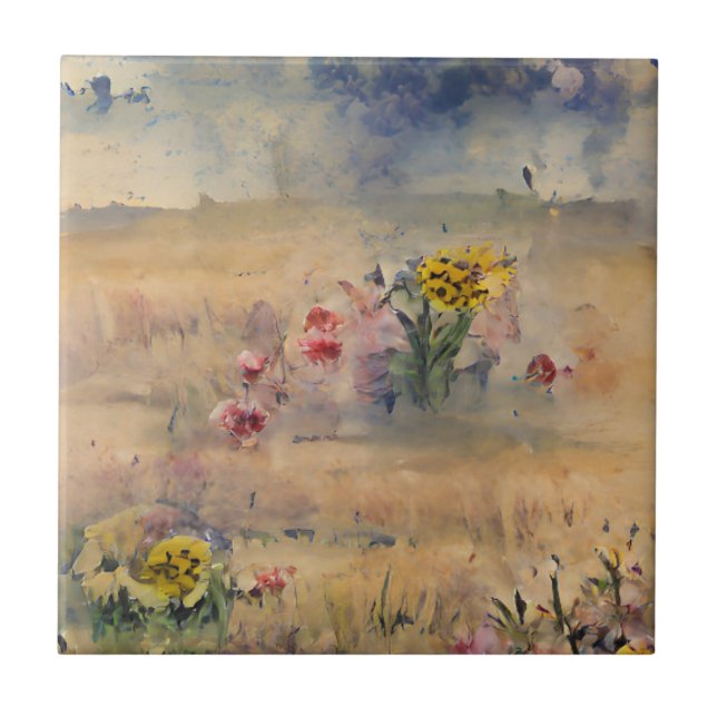 Flowers yellow in a field smoky blue sky art  tile (Front)