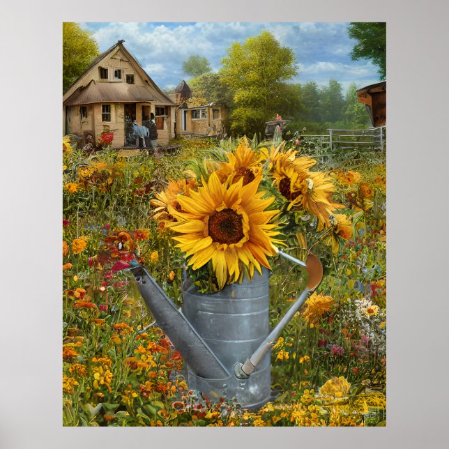 Flowers yellow pink teal watering can farm house poster (Front)
