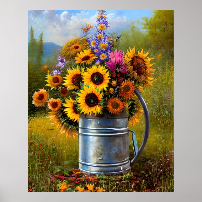 Flowers yellow pink teal watering can  poster (Front)