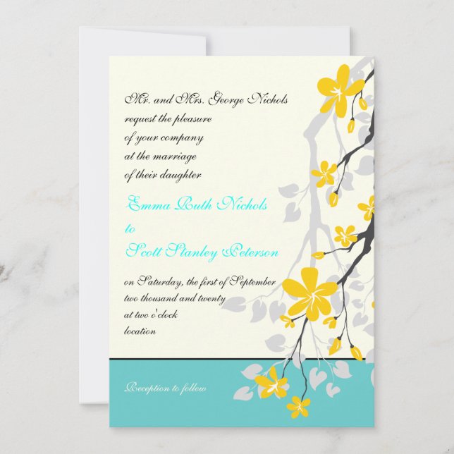 Flowers yellow turquoise wedding invitation (Front)