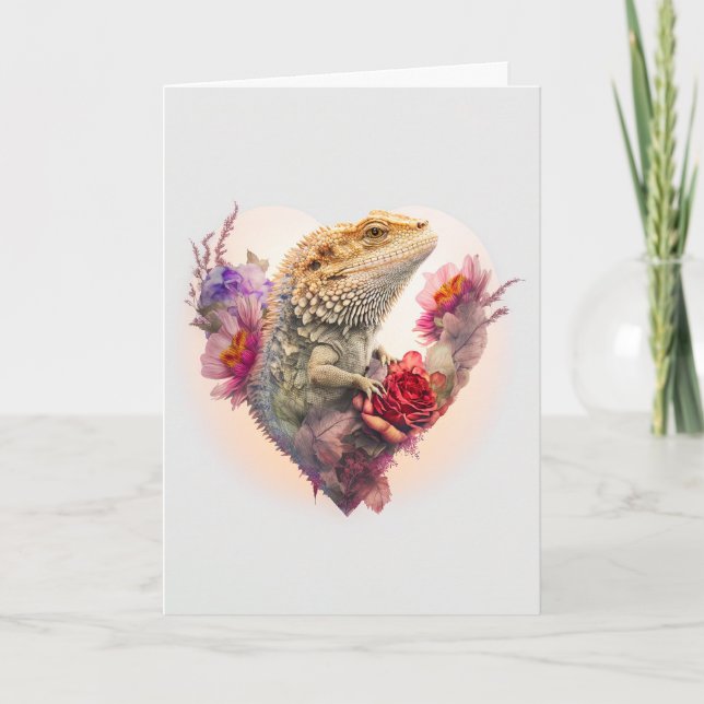 Flowery Bearded Dragon in a Heart Valentine's Day Holiday Card (Front)