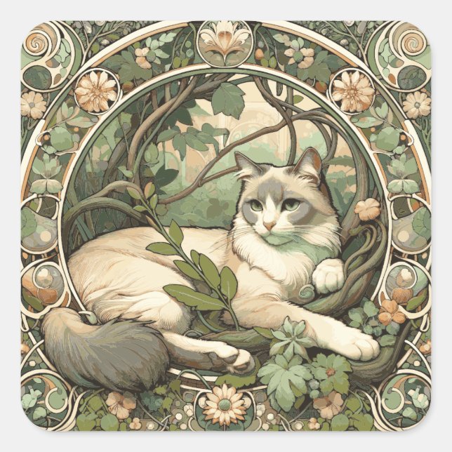 Flowery Beige and Sage Art Nouveau Cat Square Sticker (Front)